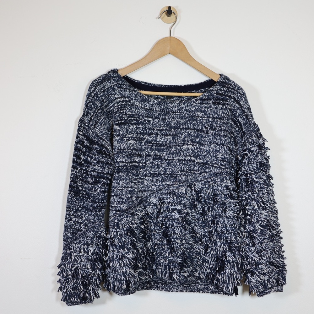 J Crew Fringe Sweater Blue White Textured Knit Cotton Blend Crewneck M